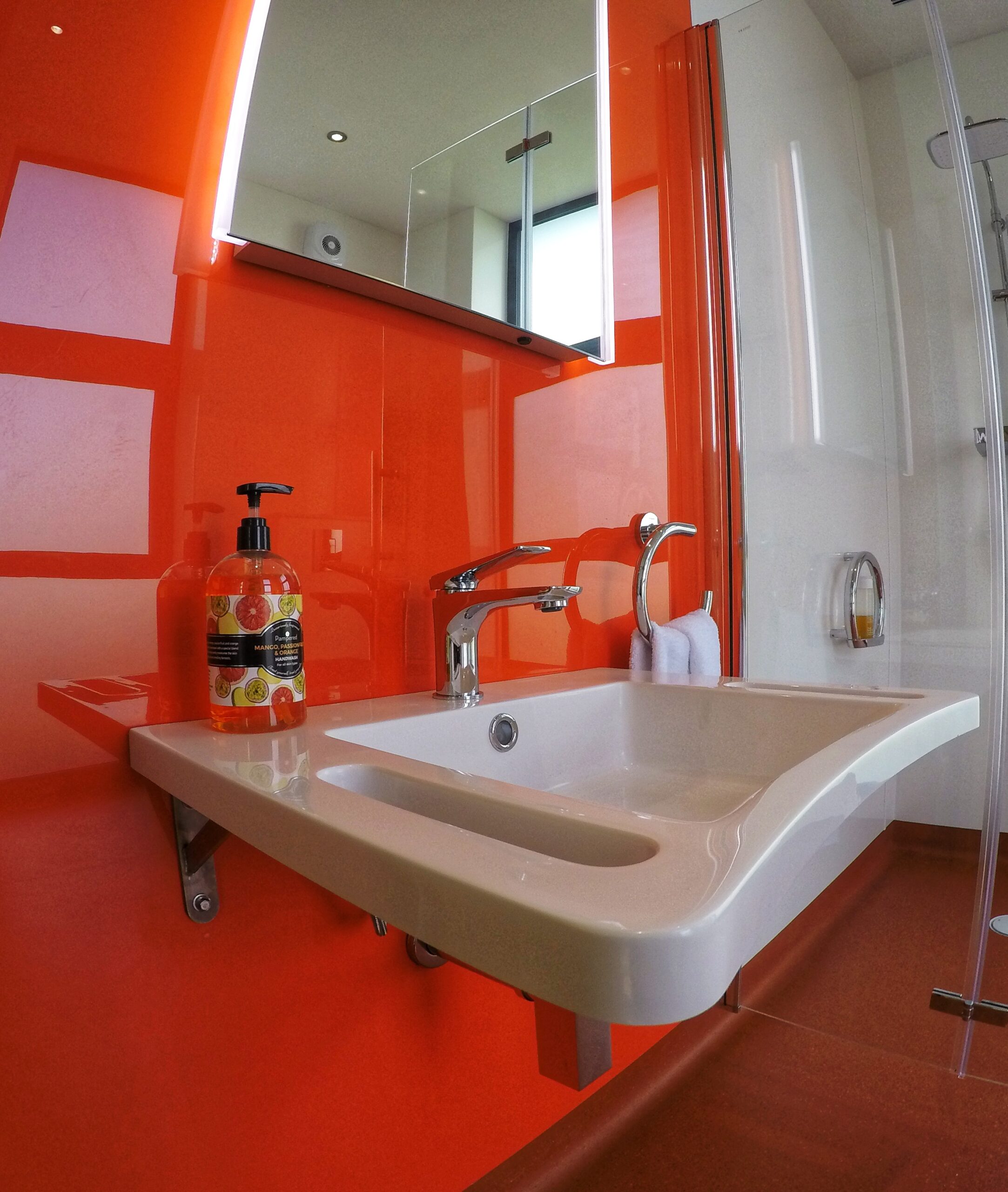 Wheelchair suitable basin with integrated grab rails set on bright orange panelled wall. Orange handwash and chrome towel rail. Folding shower screen. Mirror with sensor light.
