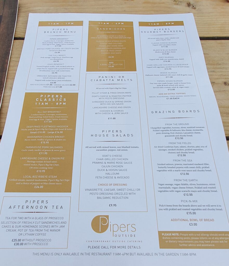 A lovely restaurant in Garstang known as Pipers. Details of their menu includes grazing boards, salads, classics such as ribeye steak, afternoon tea, brunch menu and burgers.