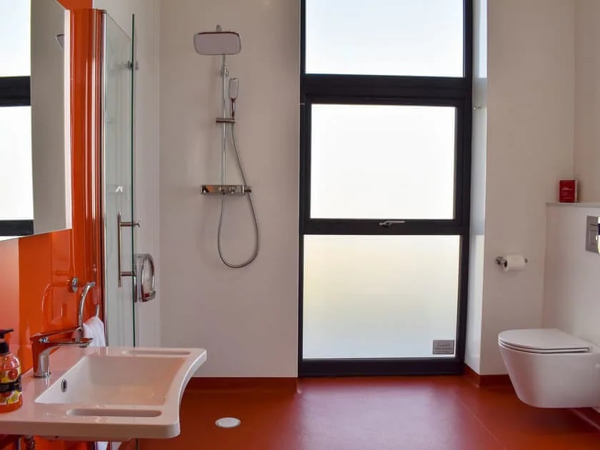 Wet room with orange panelled wall with basin for wheelchair use. Integrated grab rails to basis. Shower area with folding shower screen. Circular grab rail with integrated soap dish. Triton shower with overhead and hand shower options. Wall hung toilet to the right with toilet roll holder. Sensor light mirror located above basin.